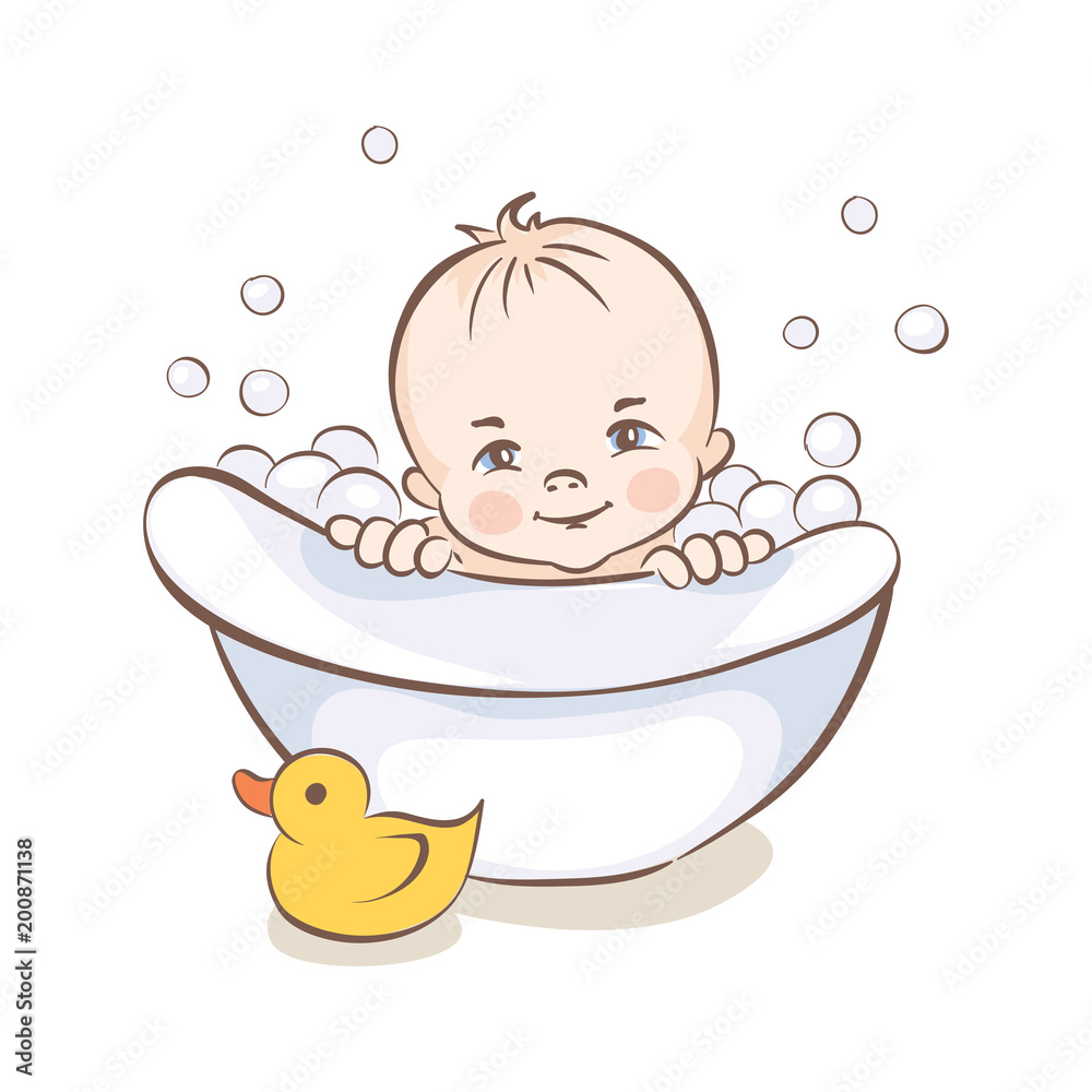 Baby bathe in the tub / Vector illustration, little child is sitting in