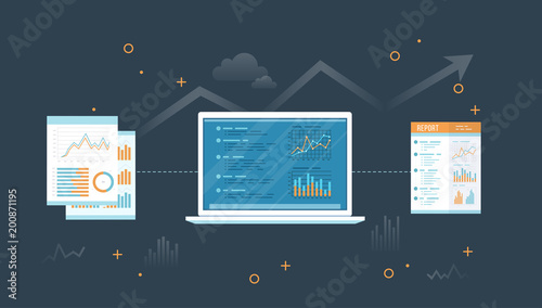 Laptop with documents and report. Information with graphs and graphs on the screen. Financial Auditing reporting.
Audit, research, accounting, analysis concept. Web and online mobile service. Vector