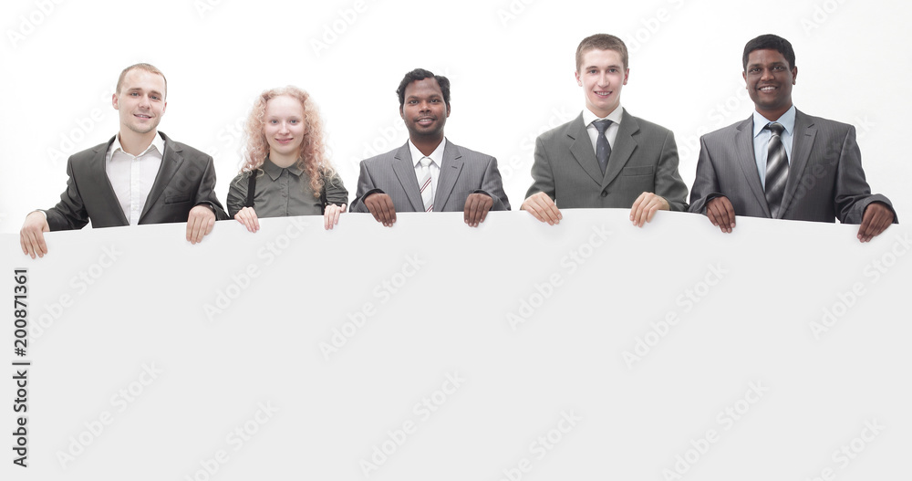 successful business team showing empty blank banner successful business team showing empty blank banner