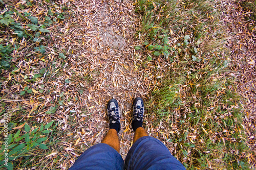 Man feet in sneakers on leaves park foliage in early autumn time. Top view.