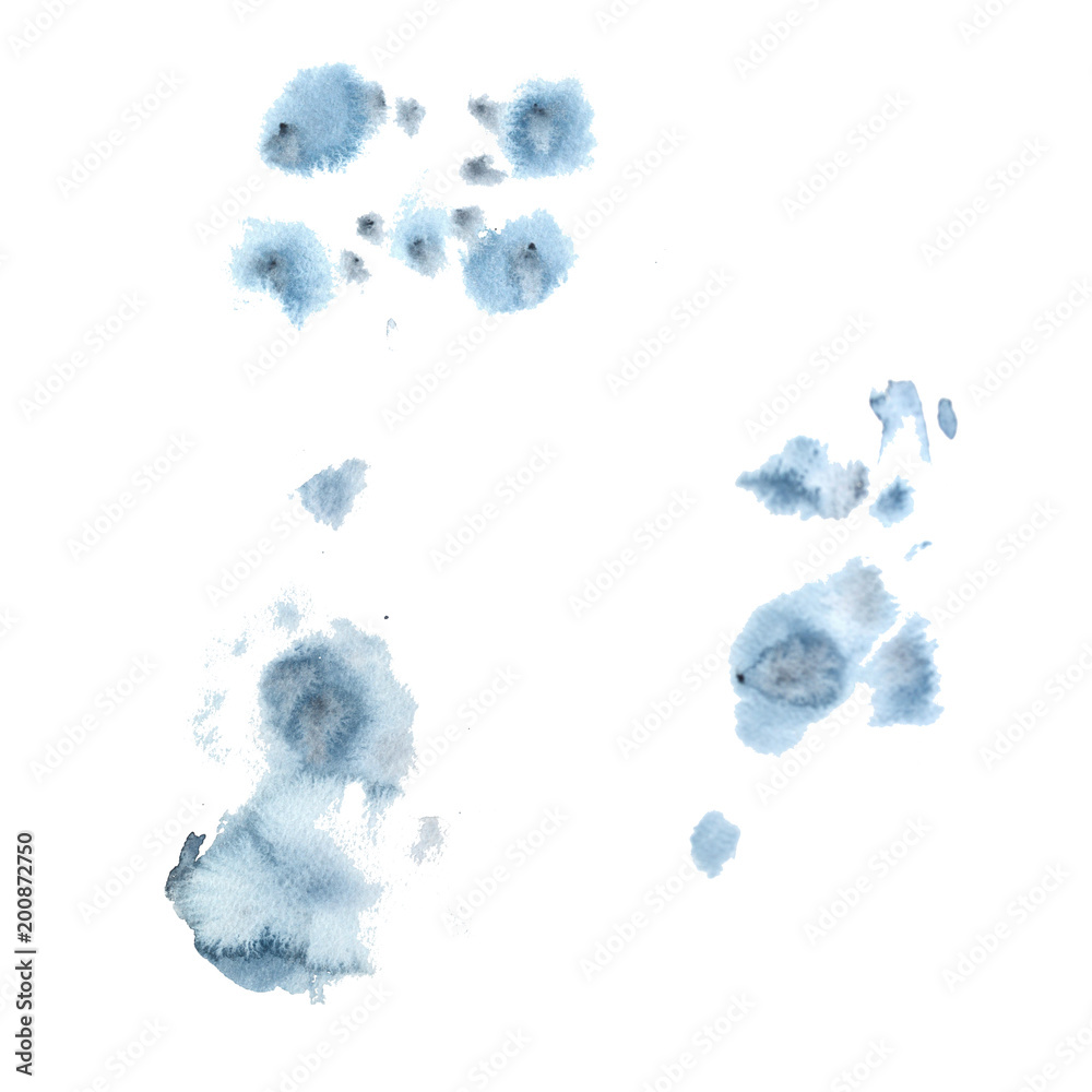 set of watercolor spots of indigo color on a white background