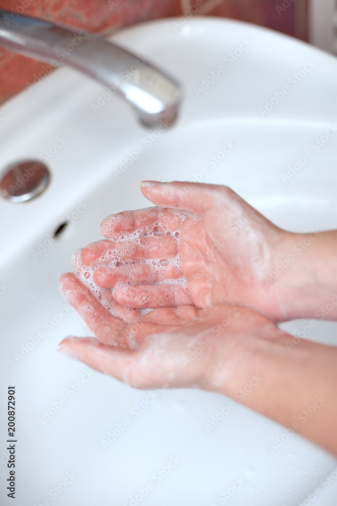 Fototapeta premium Hand hygiene. Soapy hands.Hand cleaning.