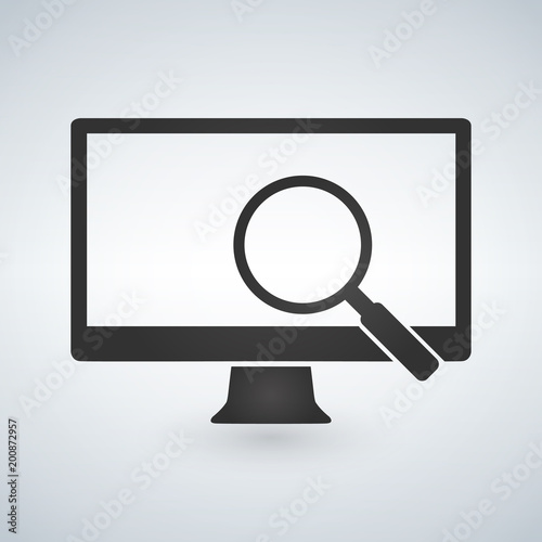 computer monitor and magnifying glass icon. Vector illustration isolated on modern background.