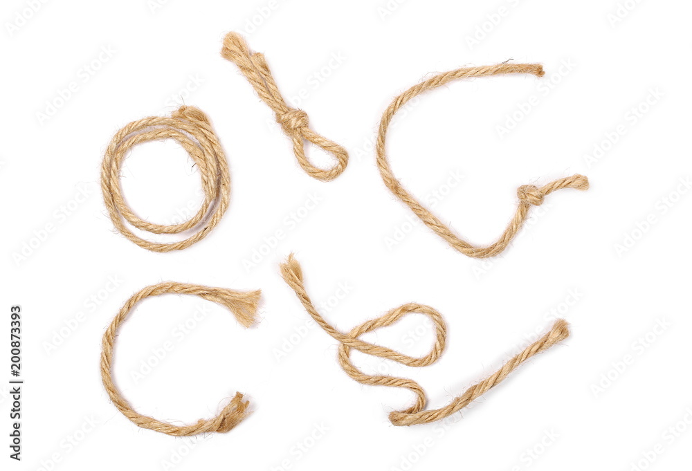 Strings, ropes isolated on white background and texture, top view Strings, ropes isolated on white background and texture, top view