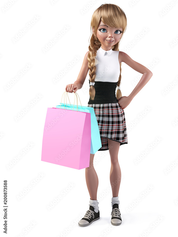 3D rendering of a cute teenage cartoon girl shopping. 3D rendering of a cute teenage cartoon girl shopping.