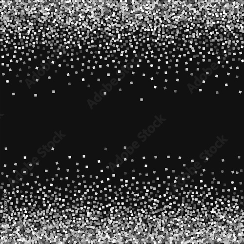 Silver glitter. Scattered border with silver glitter on black background. Enchanting Vector illustration.