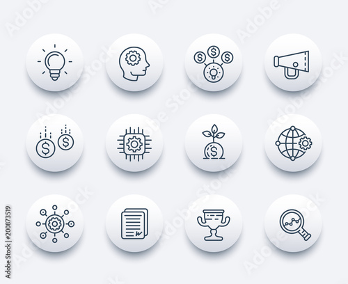 startup line icons set, creative process, idea, initial capital, funding, innovation, project growth
