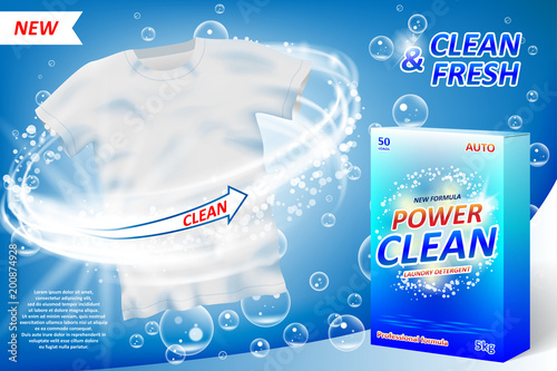 Laundry detergent ad poster. Stain remover package design for advertising with soap bubbles. Washing detergent banner with clean shirt on blue background. Vector illustration