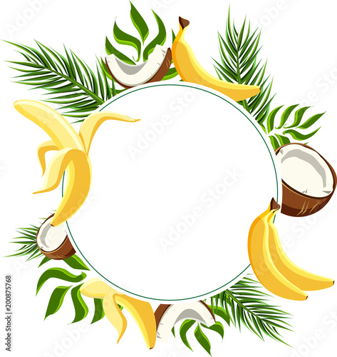 White round background with bananas and coconuts.