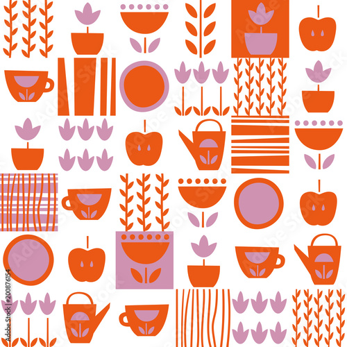 Kitchen seamless pattern. Folk art pattern in Scandinavian, Nordic style.