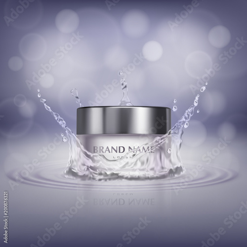 Vector promotion banner with realistic glass jar in water splash, bottle of cosmetic cream or facial mask isolated on background. Skincare, beauty product for skin treatment. Mockup for brand design