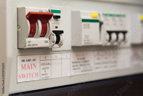 Close up of a MCB (Micro Circuit Breaker) on a UK domestic electrical consumer unit or fuse box photo