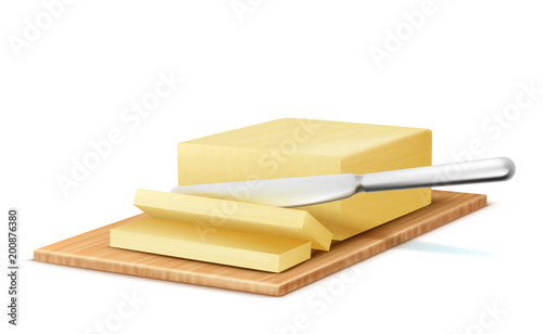 Vector 3d realistic piece of butter with metal knife on wooden tray. Slices of milk dairy product, fatty margarine for breakfast. Fresh natural yellow nutrition for spreading, cooking