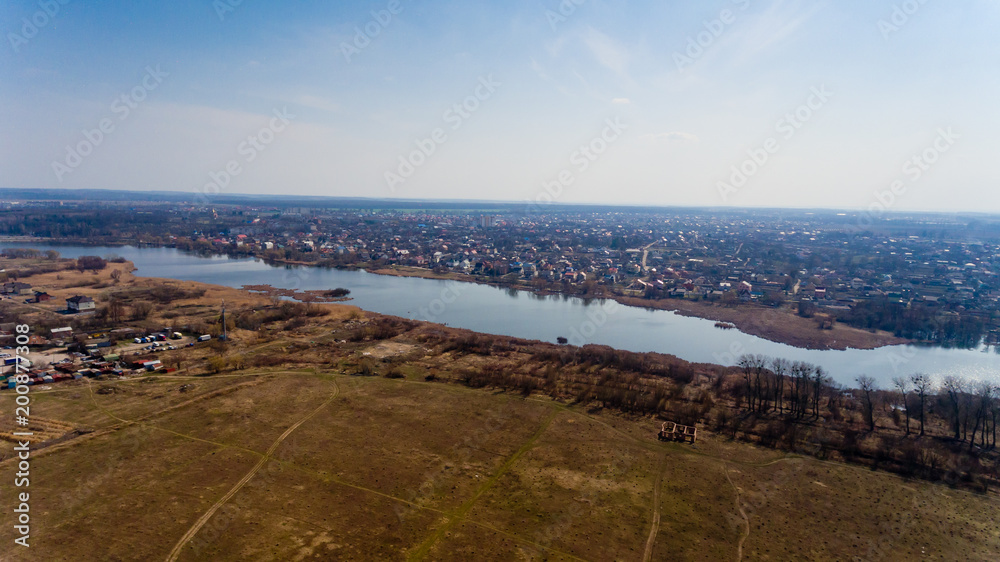 Aerial view of the city lake.
