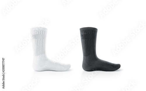Blank black and white long socks design mockup, isolated. Pair sport cotton sox wear mock up. Tall clear soft sock stand presentation. Male female high sportwear template. photo