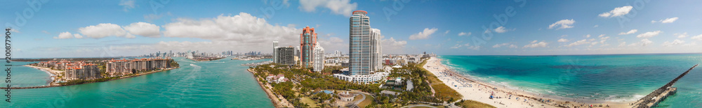 South Pointe Park in Miami Beach. Buildings along the beach, aerial view