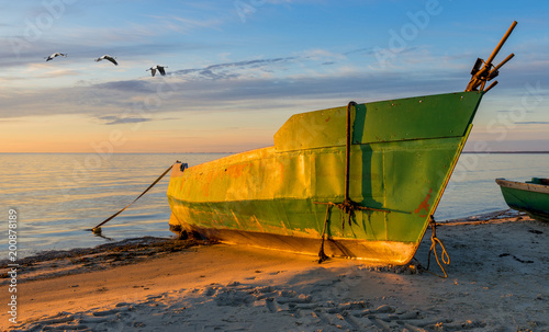 Colorful sunrise at fishing village, Baltic Sea, Latvia