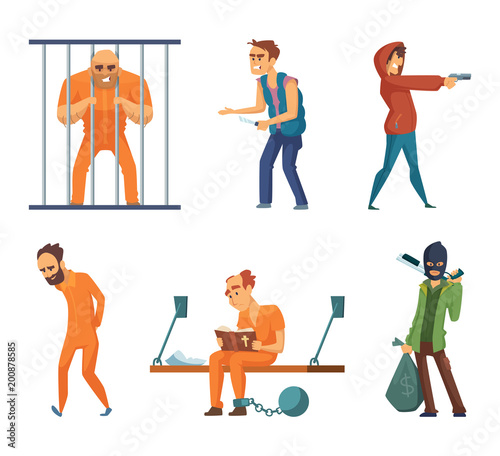 Criminals and prisoners. Set of characters in cartoon style