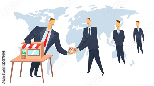 Franchise, concept vector illustration. The franchisor giving the business to its franchisees. Scaling of business.