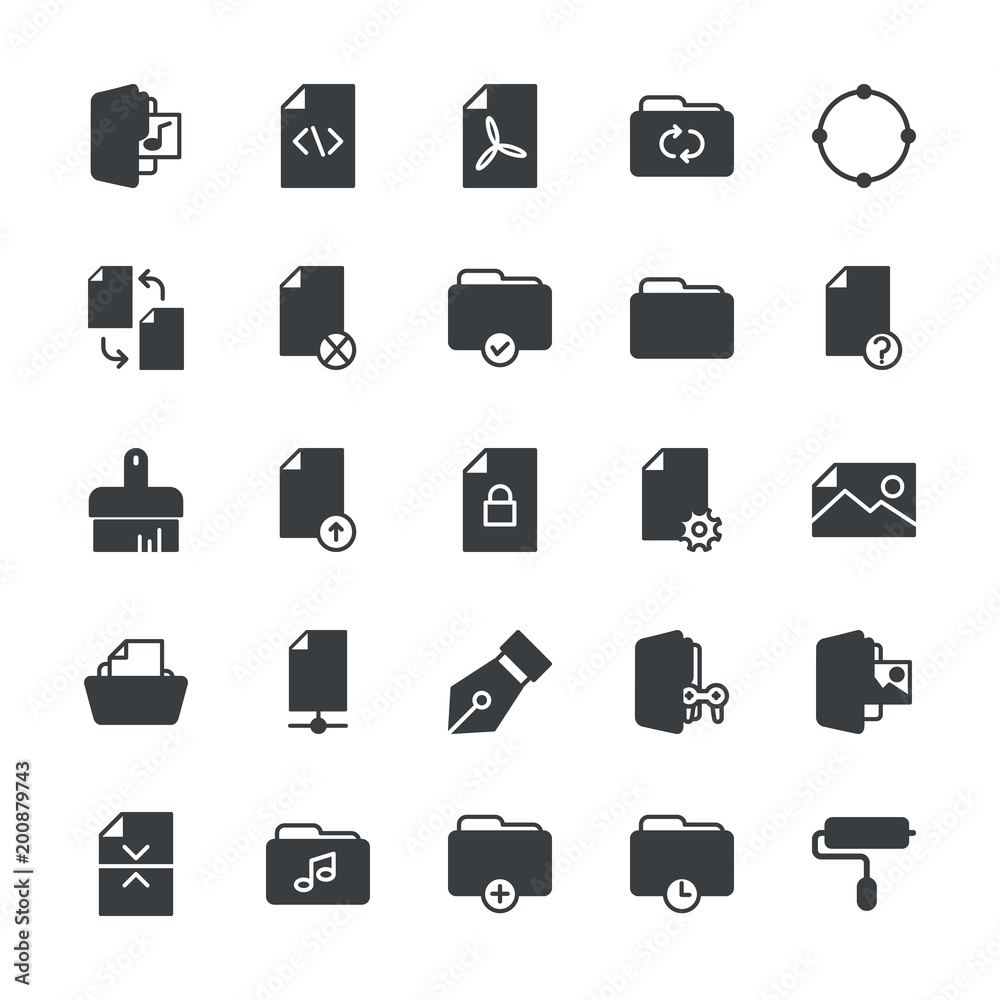 Modern Simple Set of folder, files, design Vector fill Icons. ..Contains such Icons as  point,  design,  update, music,  symbol,  lock and more on white background. Fully Editable. Pixel Perfect.