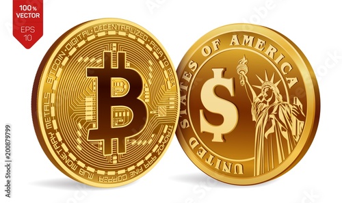 Bitcoin. Dollar coin. 3D isometric Physical coins. Digital currency. Cryptocurrency. Golden coins with Bitcoin and Dollar symbol isolated on white background. Vector illustration.