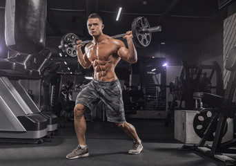 Muscular man working out in gym doing exercises with dumbbells
