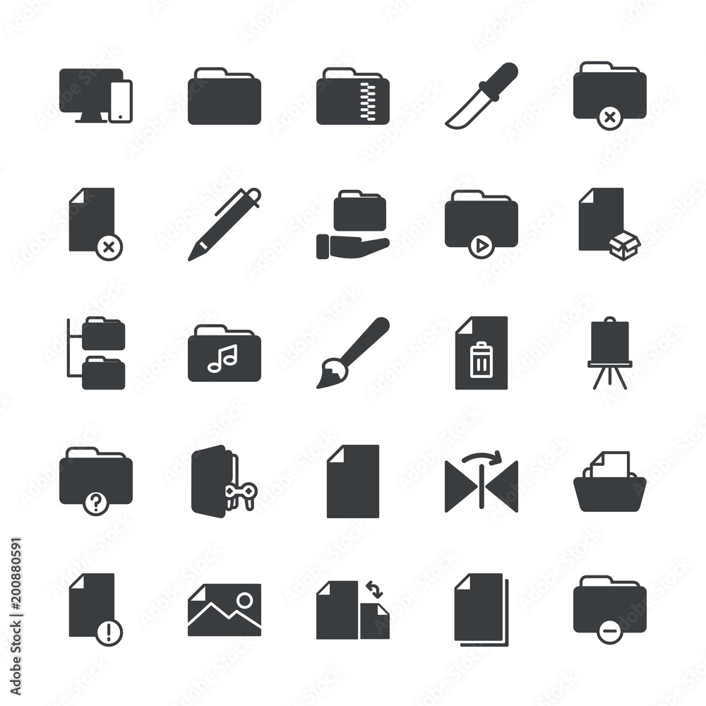 Modern Simple Set of folder, files, design Vector fill Icons. ..Contains such Icons as close,  responsive, paint,  rotation,  remove,  flip and more on white background. Fully Editable. Pixel Perfect.