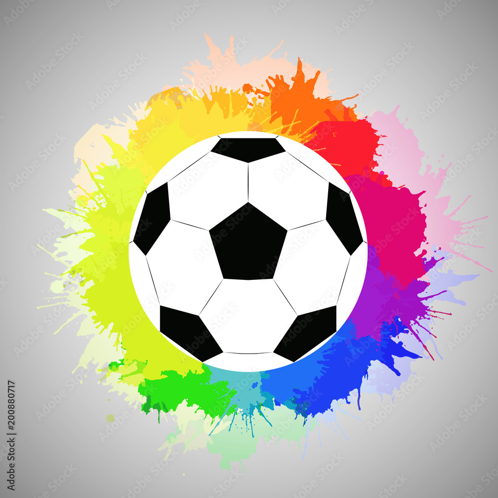 Obraz premium White soccer ball with watercolor rainbow spray. Vector element for feeding sports articles, invitations, banners and your design