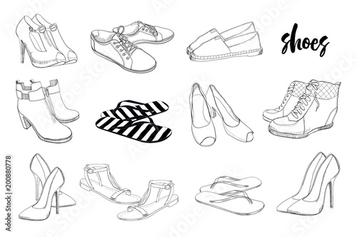 illustration of Set hand drawn graphic Men and women Footwear, shoes. Casual and sport style, gumshoes. Moccasins, sneakers, boots, pumps. Doodle, drawing Design isolated object.
