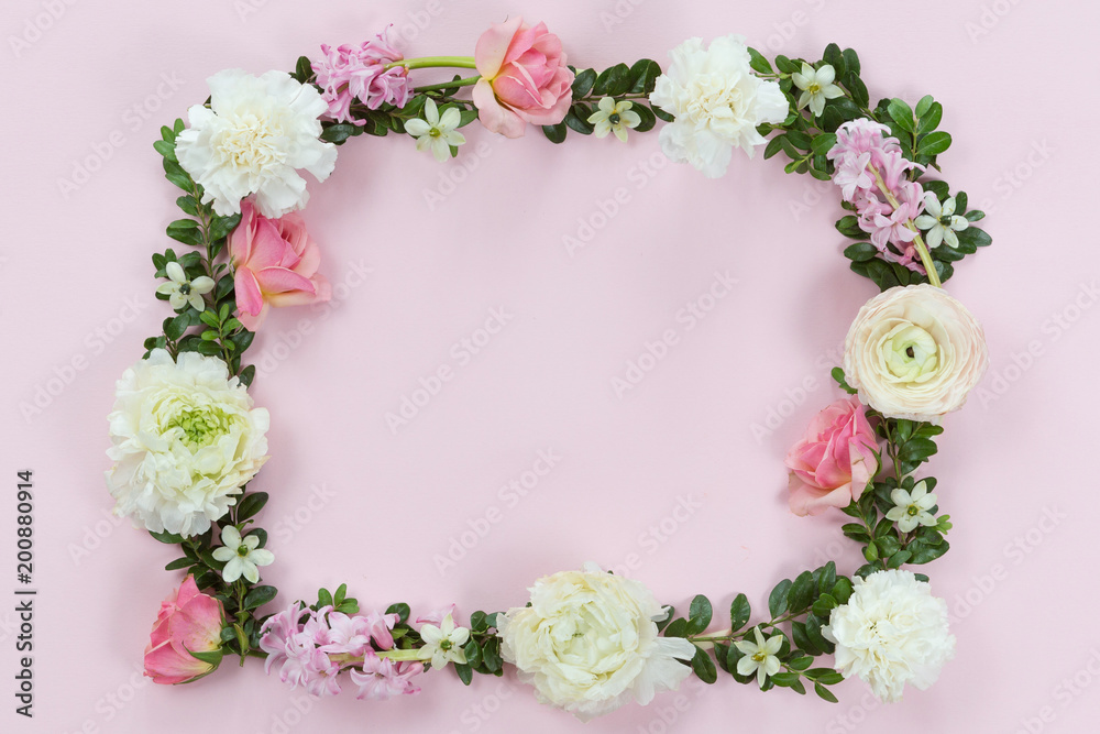 Flower and leaves frame wreath pattern background, flat lay, top view