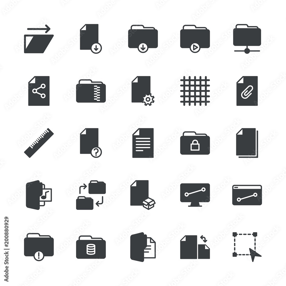 Modern Simple Set of folder, files, design Vector fill Icons. ..Contains such Icons as network, folder,  technology,  database,  secret and more on white background. Fully Editable. Pixel Perfect.