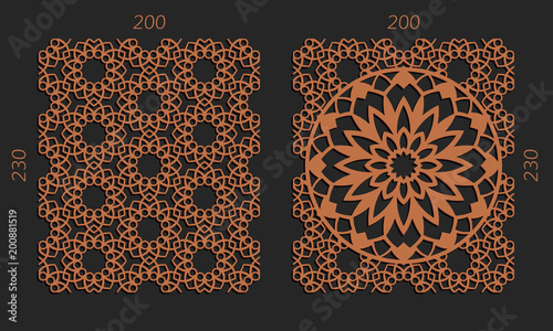 Laser cutting set. Woodcut vector trellis panels. Plywood lasercut floral design. Hexagonal seamless patterns for printing, engraving, paper cut. Stencil lattice ornaments.