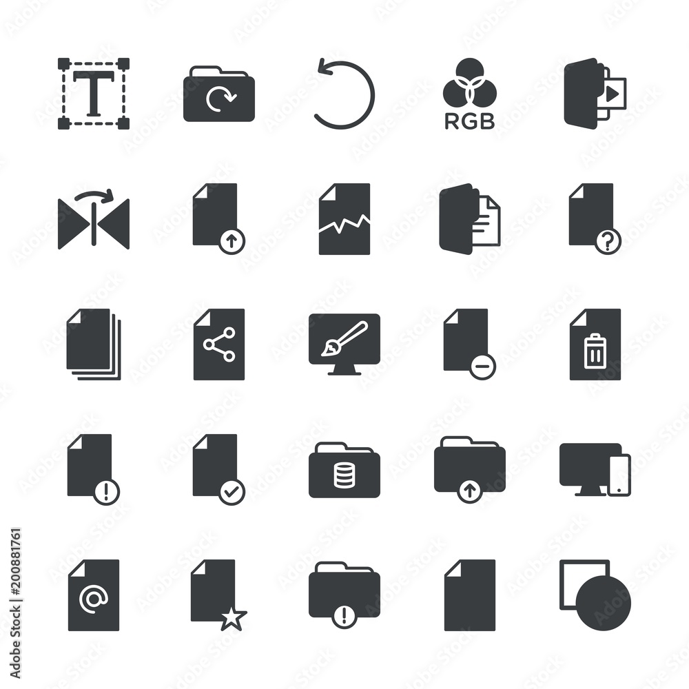 Modern Simple Set of folder, files, design Vector fill Icons. ..Contains such Icons as internet,  information, upload,  banner,  text, rgb and more on white background. Fully Editable. Pixel Perfect.