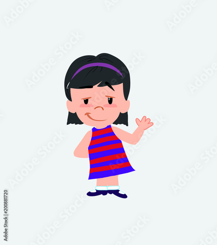White girl waving with a dreamy expression.