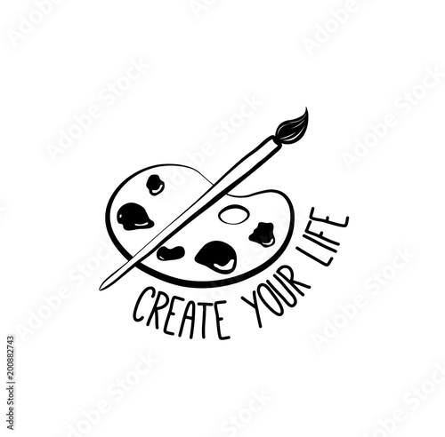 Palette, paint and brush. Doodle Element Scetch.  Illustration Isolated