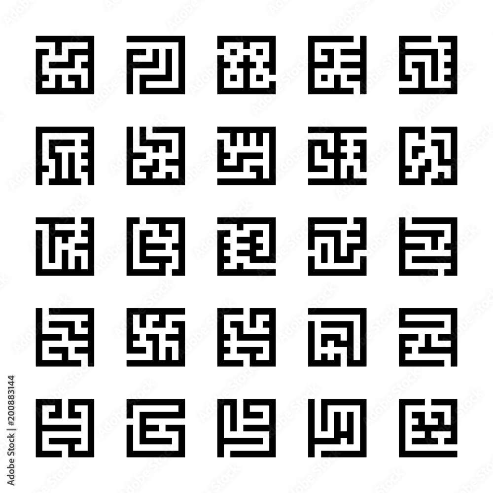 Set of square labyrinth maze icons for design Set of square labyrinth maze icons for design