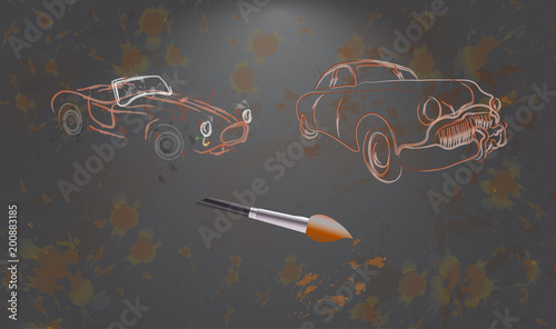 Cars painted with flowers on the board. Vector design splash paint on gray board