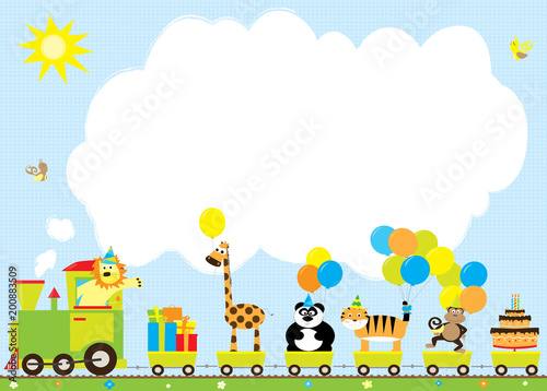 pociąg urodzinowy z balonami i zwierzętami, miejsce na tekst / życzenia urodzinowe, zaproszenie 