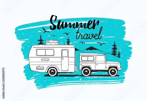 Car towing caravan trailer or camper against mountains and spruce trees on background and Summer Travel lettering. Vehicle for wild nature adventure trip or seasonal camping. Vector illustration.