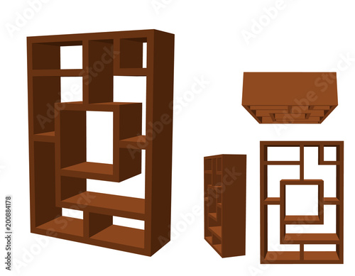 Empty modern bookcase. Isolated on white background. 3d Vector illustration.