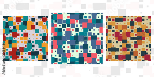 Set of 3 seamless patterns tiled design. Retro textile prints with random colored squares. Vector fashion backgrounds.