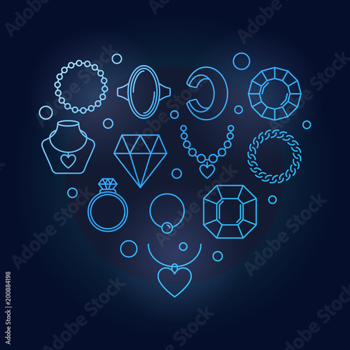 Blue vector creative heart shape made of jewelry linear icons