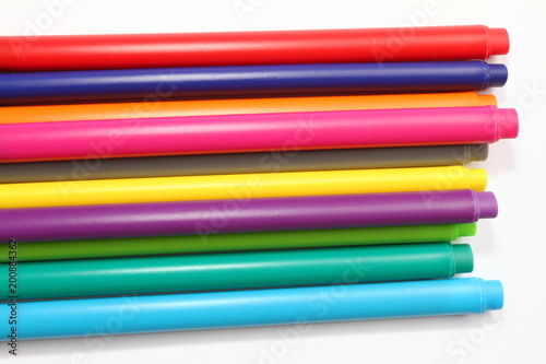 Color pen. Pile with color pens isolated on white background. Color background texture, felt-pen activity. Children school fun time. Students painting time. School supplies. Drawing supplies. No sharp