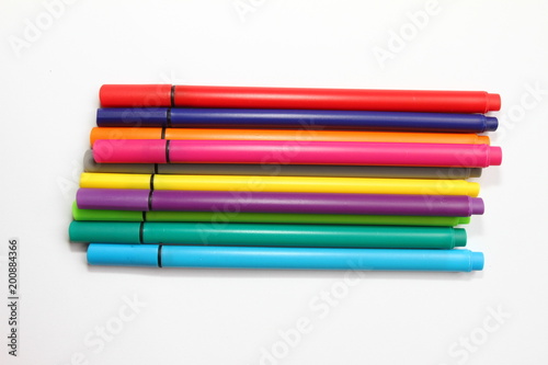Color pen. Pile with color pens isolated on white background. Color background texture, felt-pen activity. Children school fun time. Students painting time. School supplies. Drawing supplies. No sharp