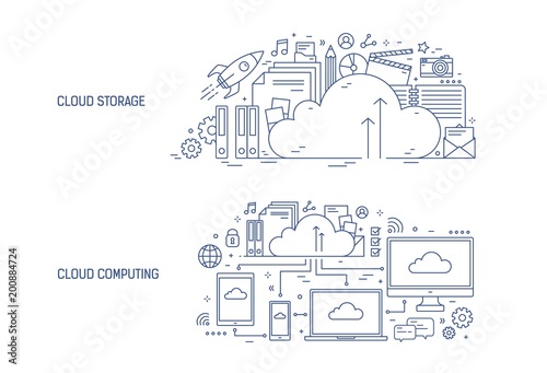 Bundle of horizontal banner templates with electronic devices connected to online data storage and office supplies. Cloud computing technology. Monochrome vector illustration in modern line art style.