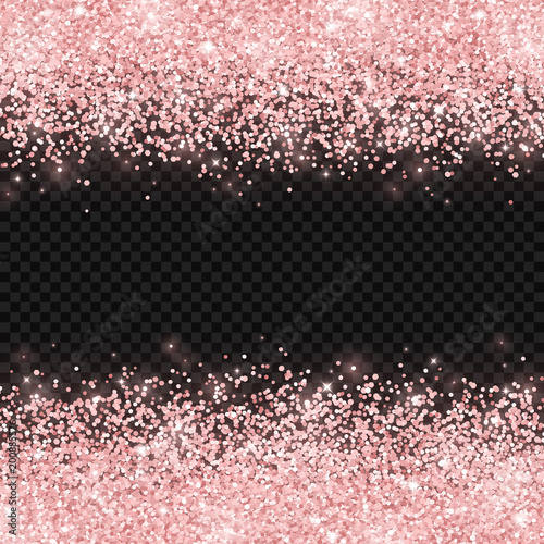 Rose gold glitter on dark transparent background. Vector