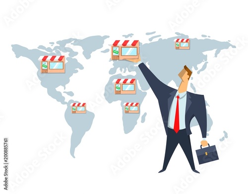 Franchise, trading network, business concept vector illustration. Businessman puts shops on the world map. Scaling of business.