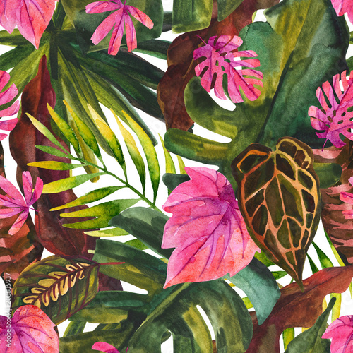 Water color tropical floral painting seamless pattern.