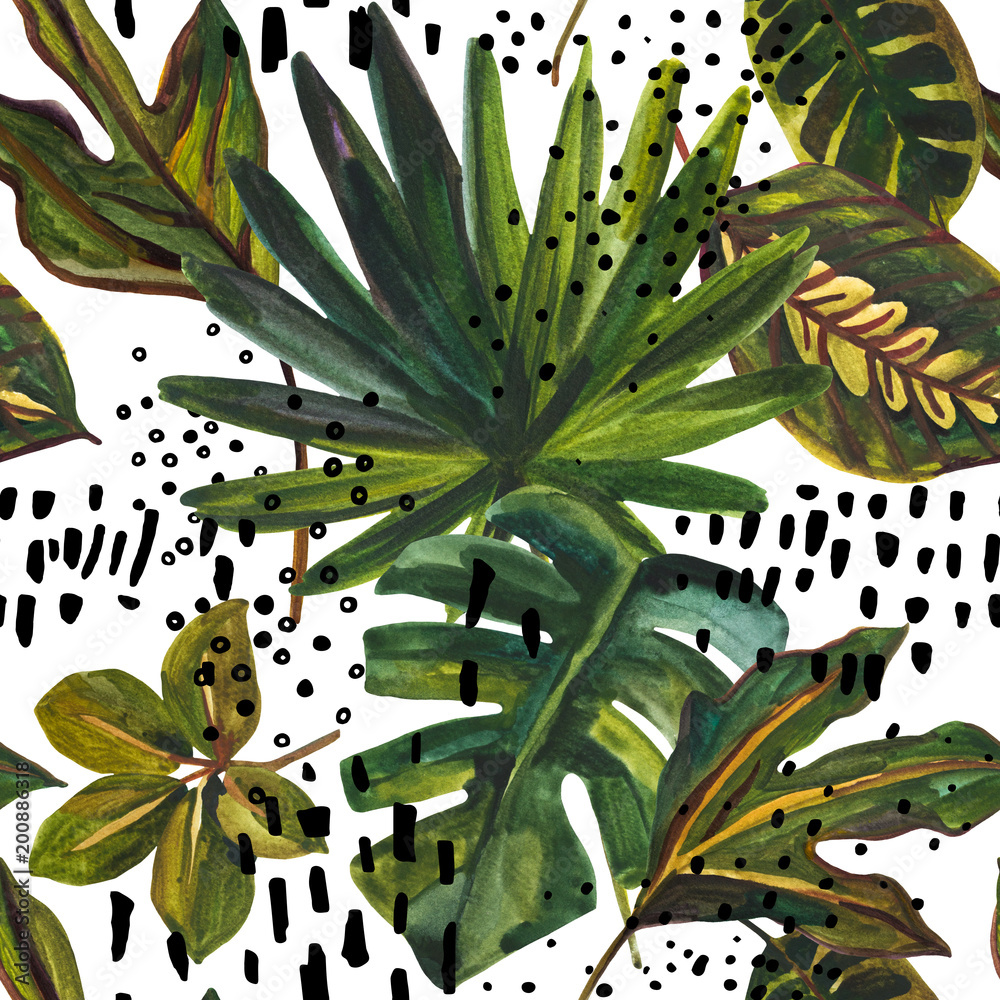 Obraz premium Watercolor tropical leaf seamless pattern. Drawing of unusual leaves on doodle elements background