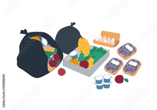 Plastic trash bags, boxes and packages full of discarded food for freegans - fruits, vegetables, eggs, diary products. Freeganism and dumpster diving. Flat cartoon colorful vector illustration.